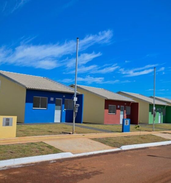 Governo entrega obras e moradias no Sudoeste goiano - Casas enfileiradas com paredes frontais externas coloridas